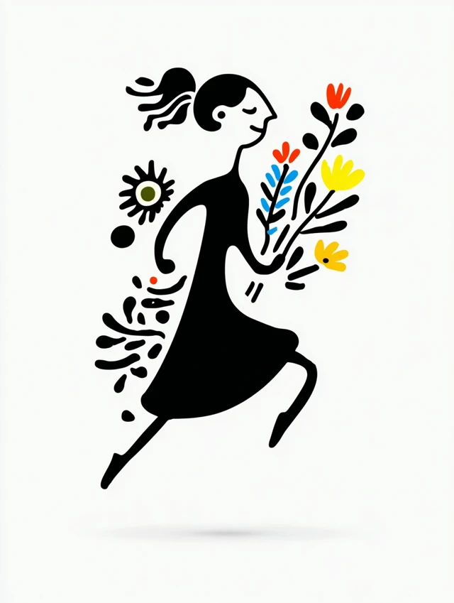 Running Girl with Flowers Abstract Vector Graphic