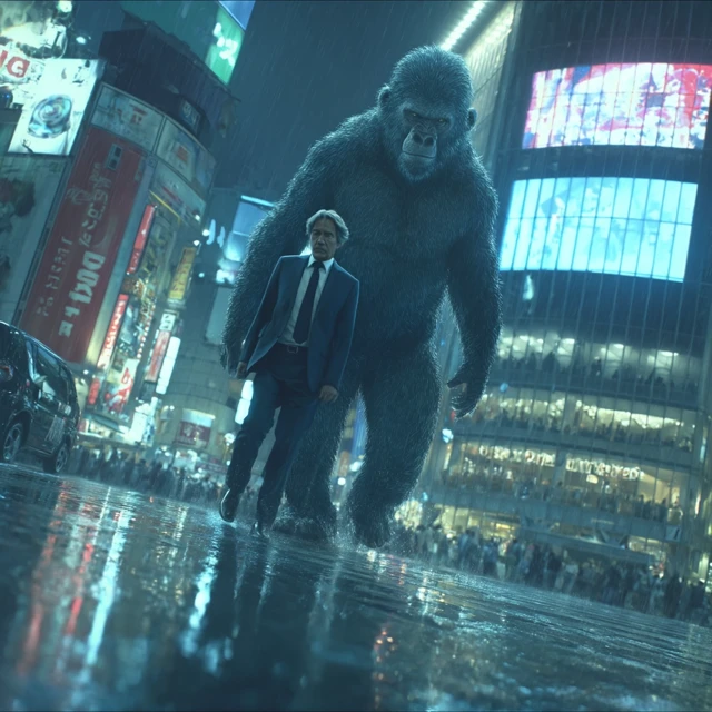 Shibuya Crossing at Night Man and Monkey Bodyguard