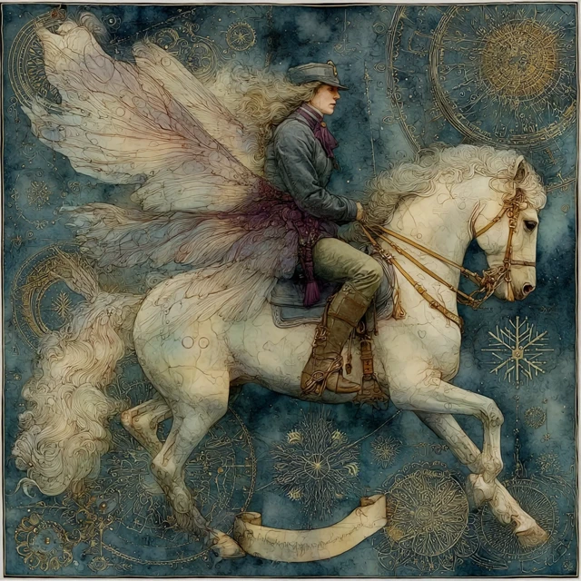 Equestrian Woman Riding Winged Horse in Klimt Style
