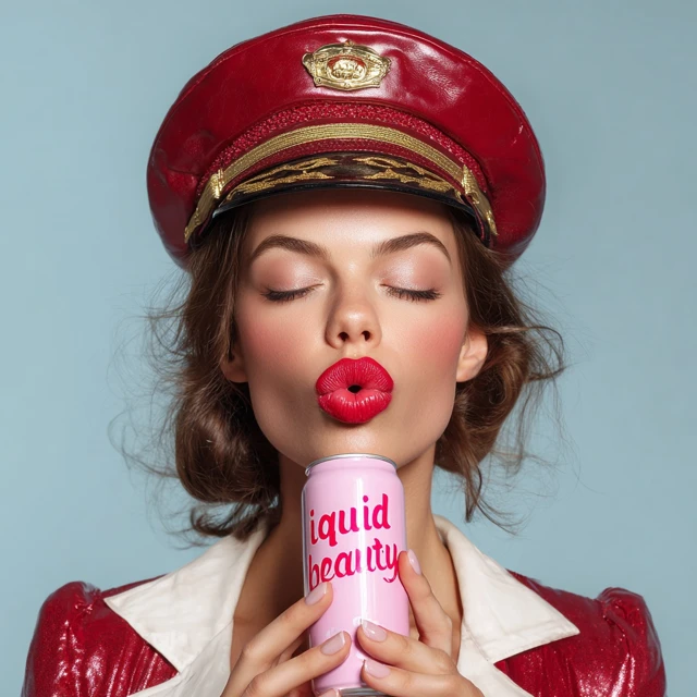 Woman with Red Lips Enjoying Drink Captains Hat