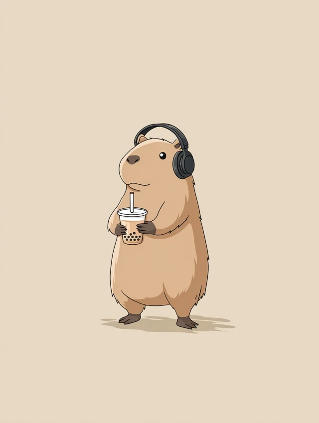 Chibi Capybara with Headphones and Bubble Tea