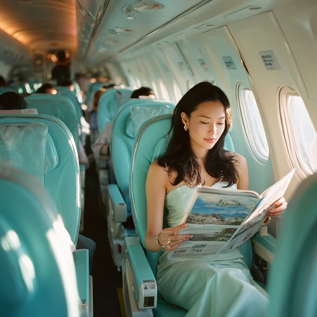 Asian Woman Reading on Airplane Travel Magazine