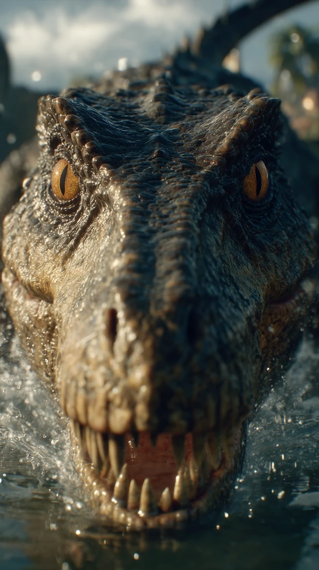 Baryonyx Emerges From Jungle River Epic Close Up