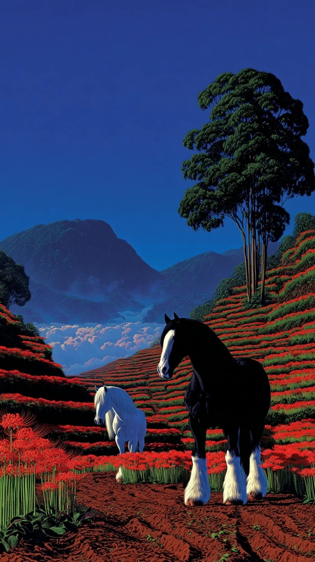 Clydesdale Horses in Mystical Landscape