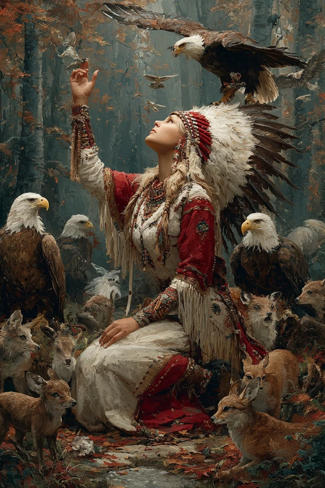 Native American Woman Eagle Headdress Forest