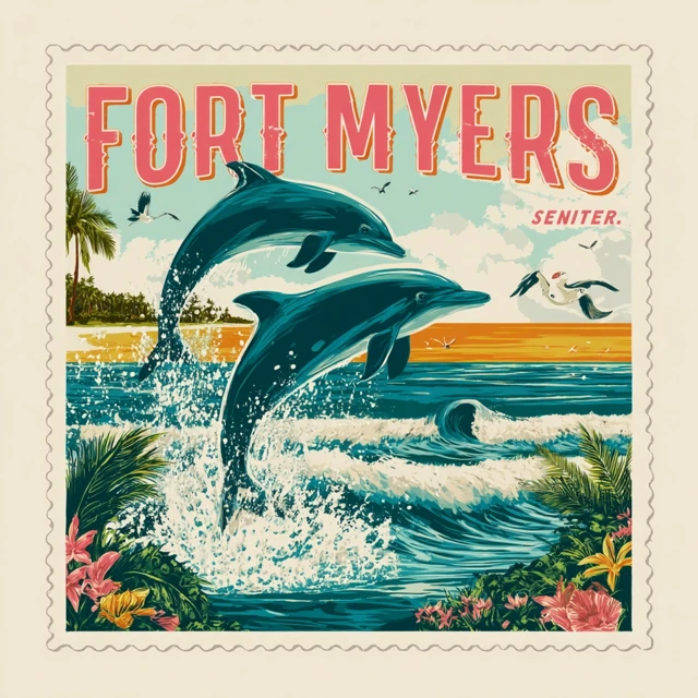 Fort Myers TShirt Design Dolphins in a Retro Postage Stamp