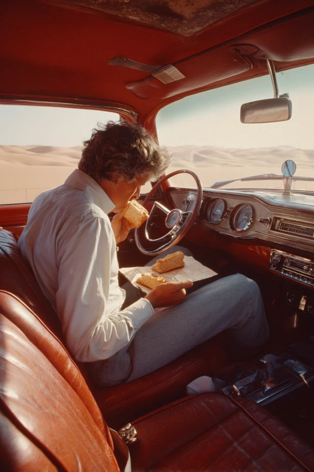 Man in Old Car Eating Sandwiches Desert Scene