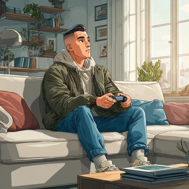 Anime Man Playing Video Games in Modern Apartment