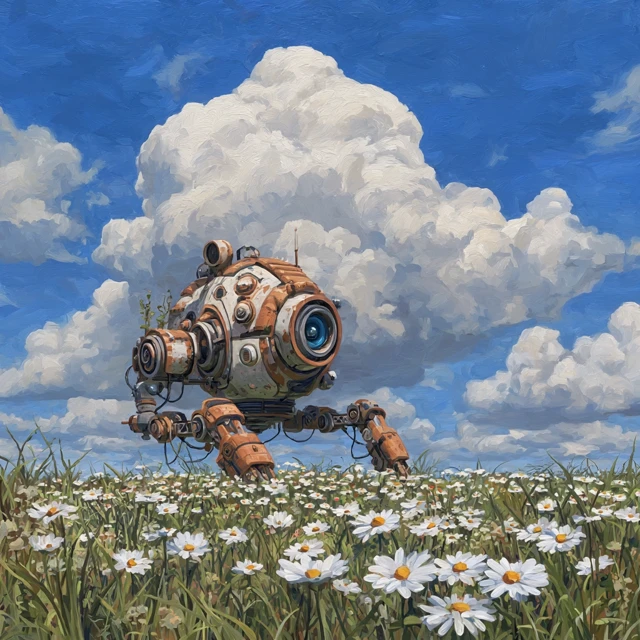 Fantastical SciFi Painting Cloud Daisies and Playful Machines