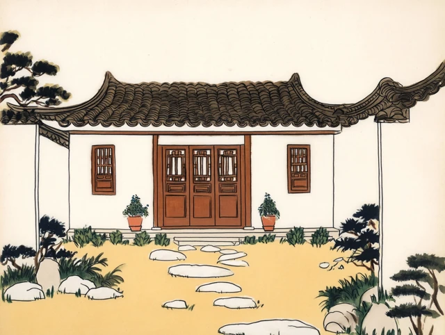 Chinese Courtyard in Ink Cartoon Style