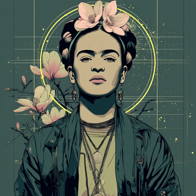 Frida Kahlo Illustration with Magnolia Crown