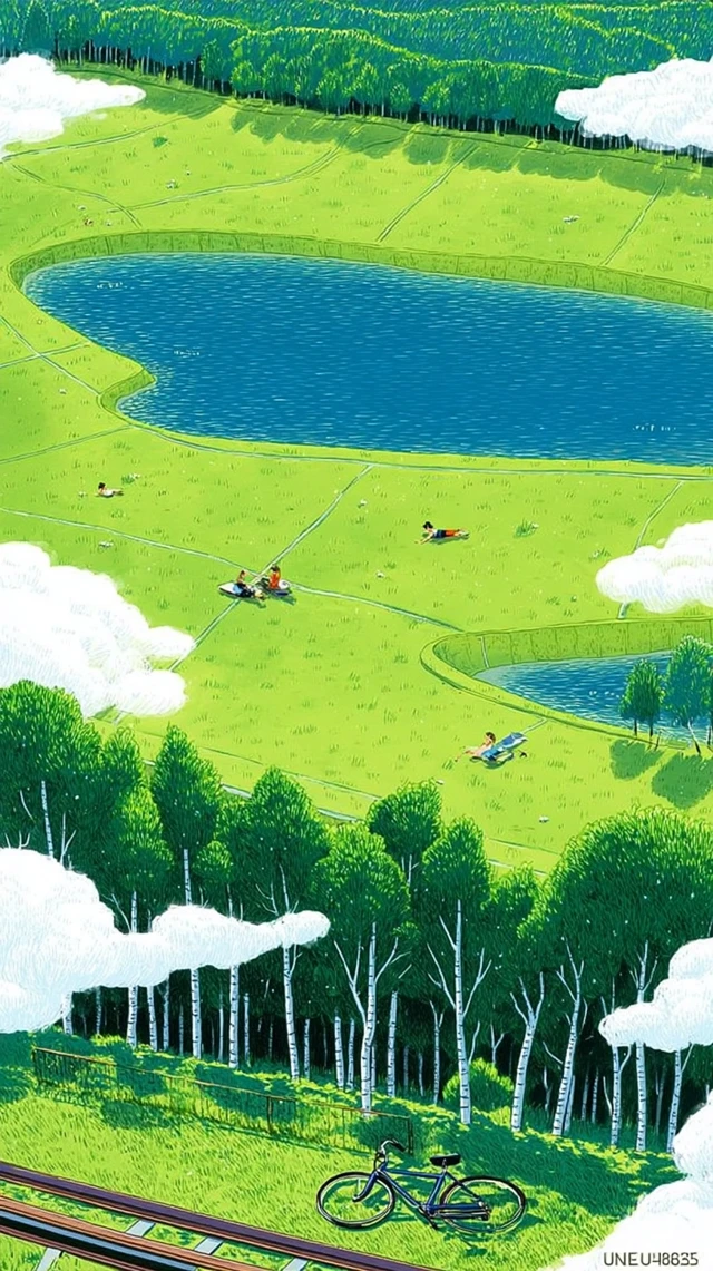 Cozy Lake Scene Illustration Sunny Day