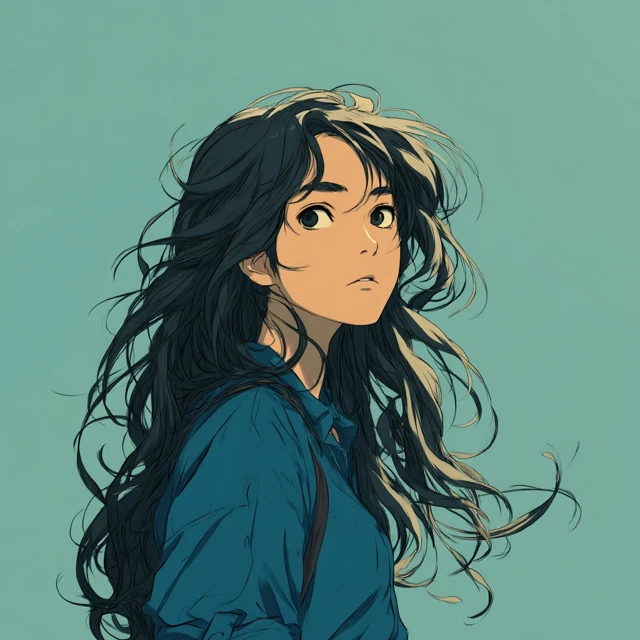 Anime Girl Blue Shirt Long Messy Hair