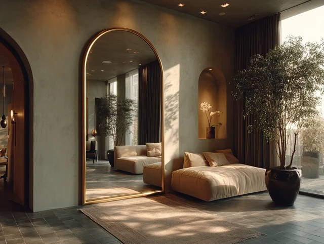 Modern Interior Design with Arched Mirror and Sofa