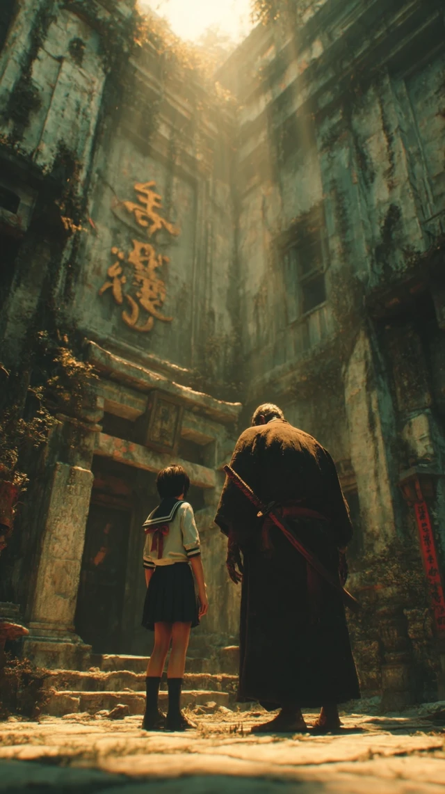 Japanese Schoolgirl and Ghost Hunter in Ancient Temple