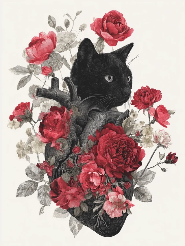 Black Cat Heart Anatomy with Red Roses Illustration