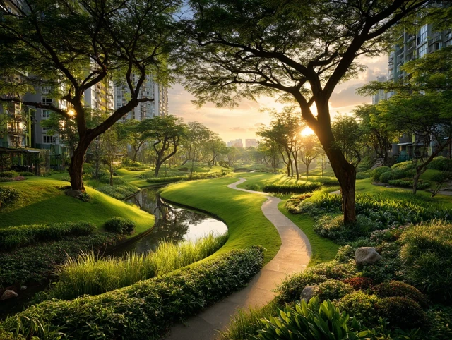 Beautiful Park at Sunset Green Grass and Trees