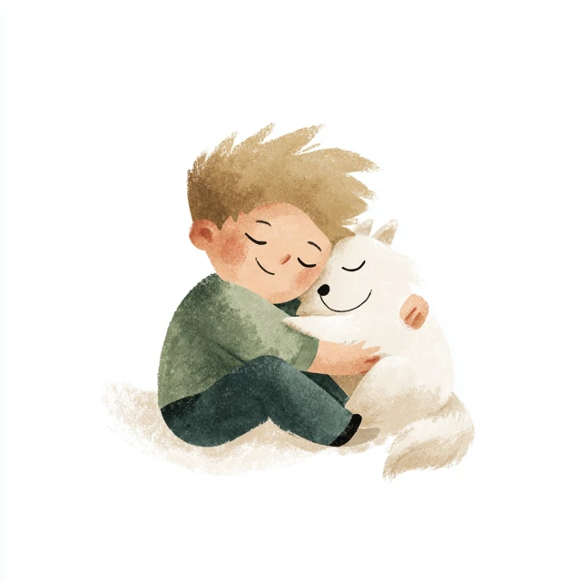 Boy Cuddling Dog Scandinavian Illustration