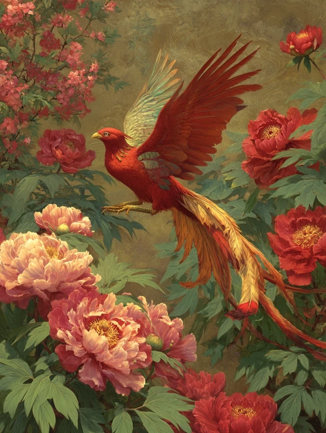 Majestic Phoenix Soaring Above Blooms