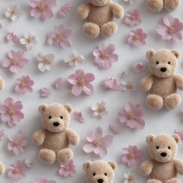 Cute Teddy Bear and Flowers Seamless Pattern 3D Render