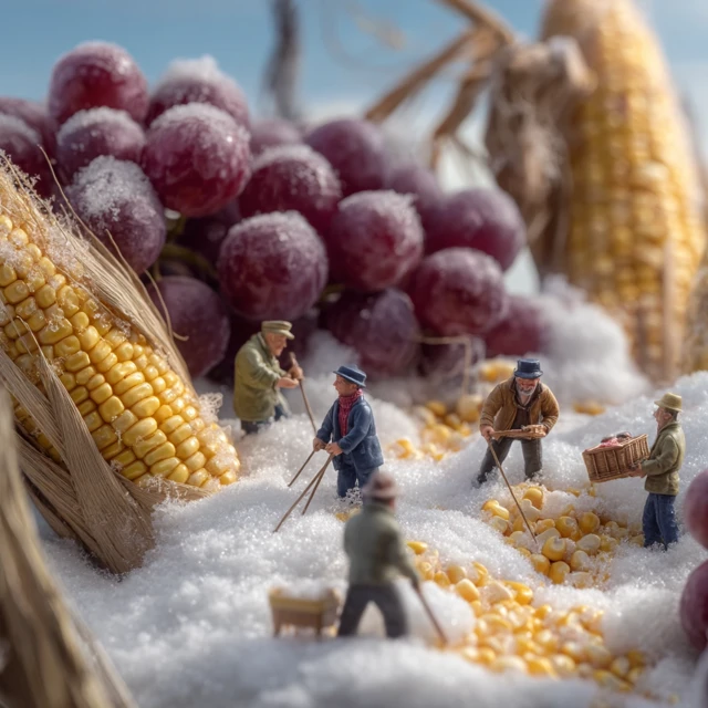 Miniature Scene: Corn Harvest in Snowy Landscape