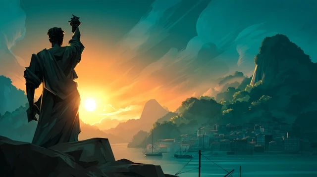 Sunrise Statue Harbor Illustration