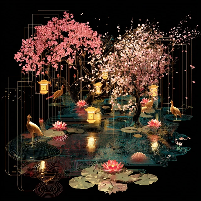 Mythical Garden Glowing Cherry Blossoms Fantasy Art