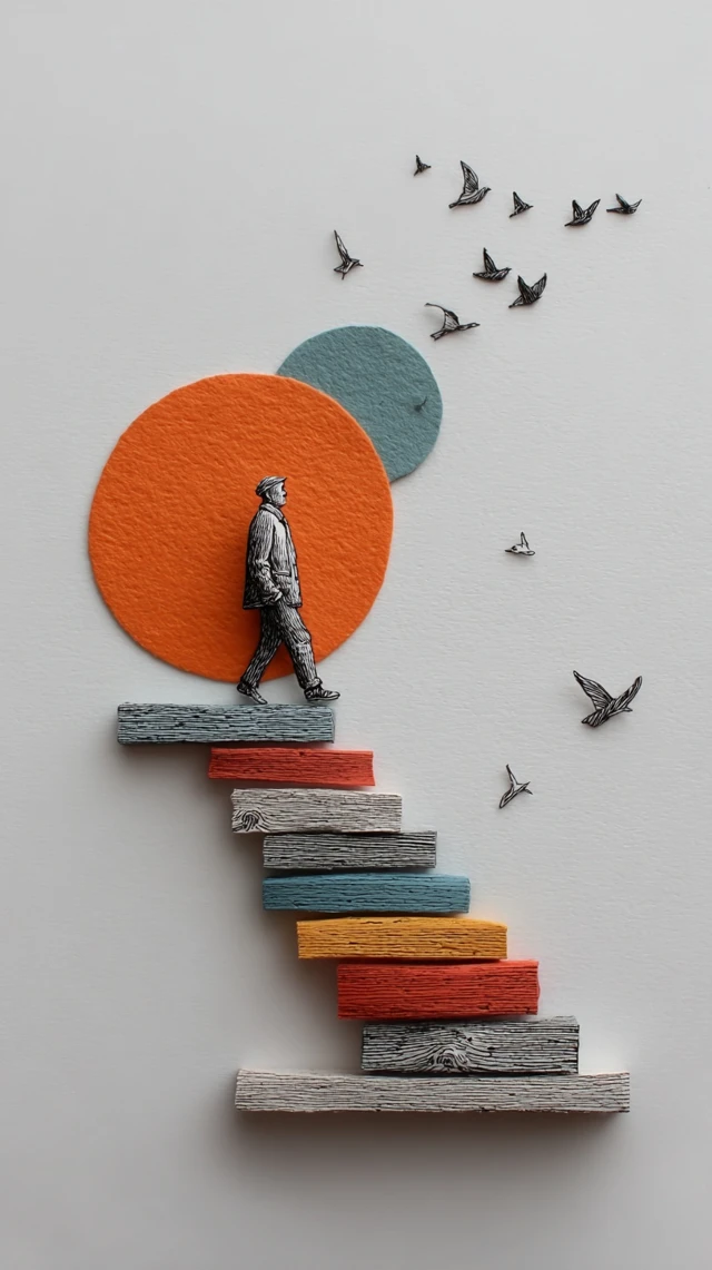 Minimalist Art Man Climbing Stairs Birds Pastel Colors