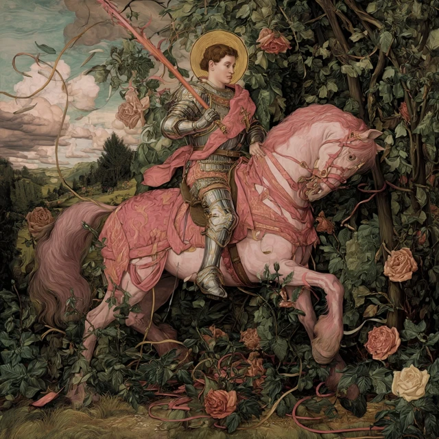 St George in Pink Armor Among Roses