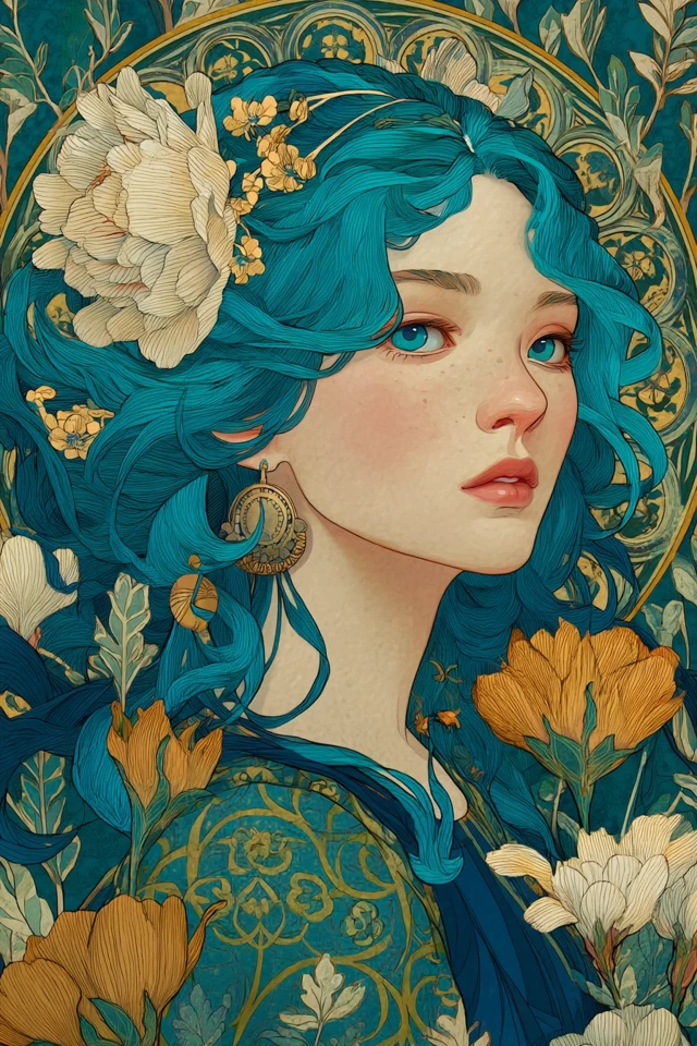 Art Nouveau Woman with Blue Hair and Flowers