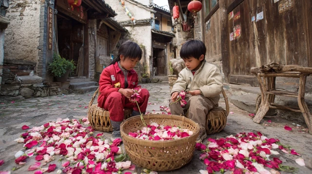 Asian Kids Picking Rose Petals Yunnan China