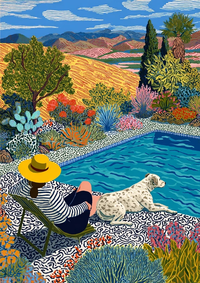 Poolside Scene Woman Dog Desert Plants Matisse
