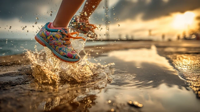 Girl Jumping in Puddle Sneakers Water Splash