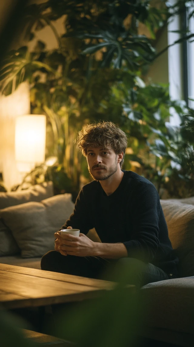 Man Relaxing in Cozy Living Room Drinking Coffee
