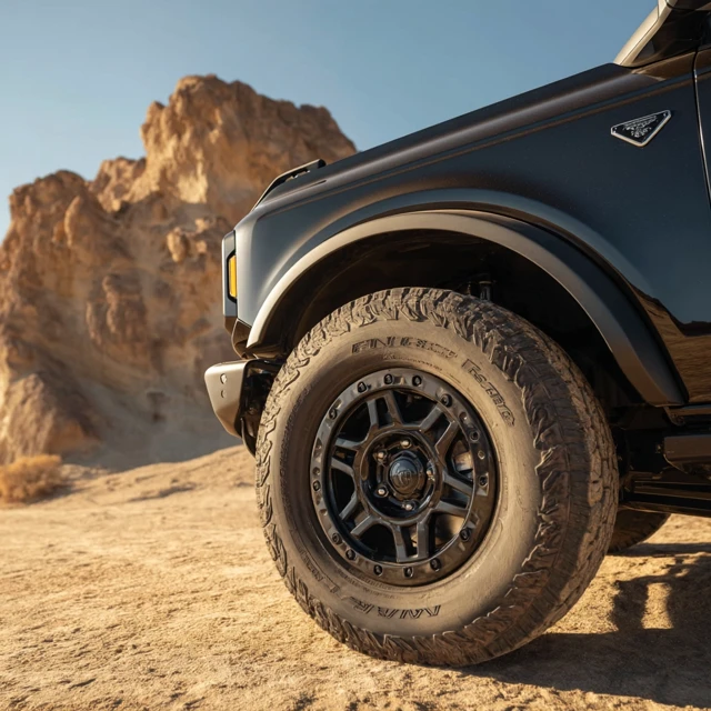 2021 Black Ford Bronco Wheel Closeup Desert