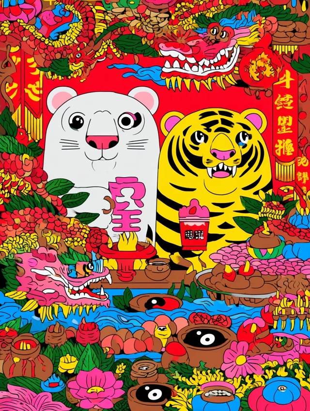 Asian Folk Art Illustration Psychedelic Colors