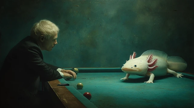 Axolotl Playing Pool with a Man