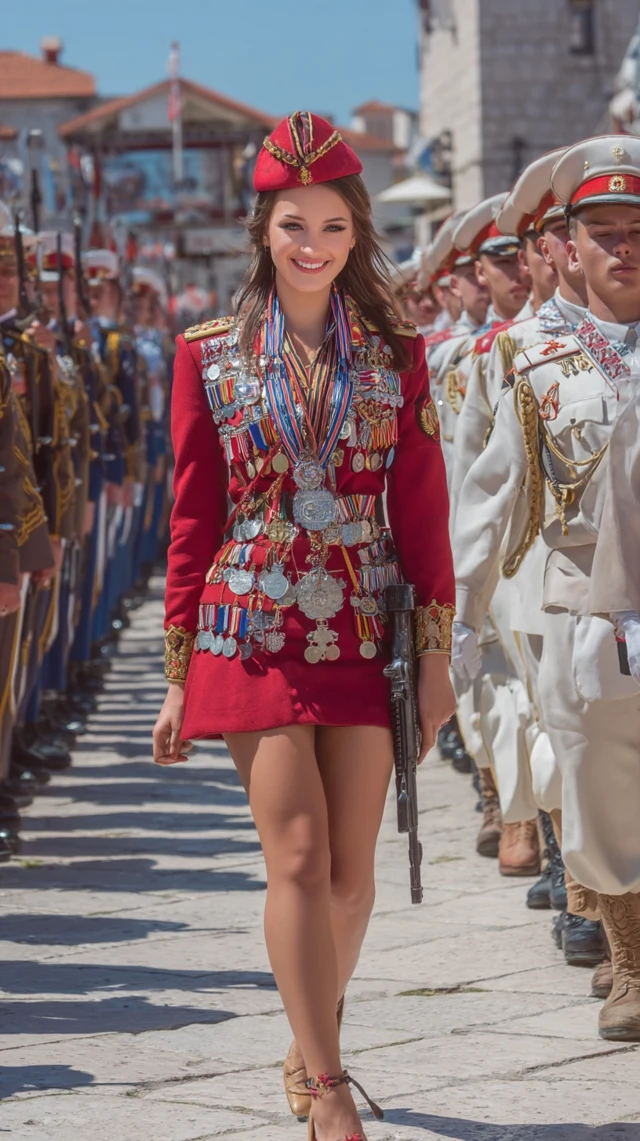 Albanian Woman in Uniform with AR15 on Parade