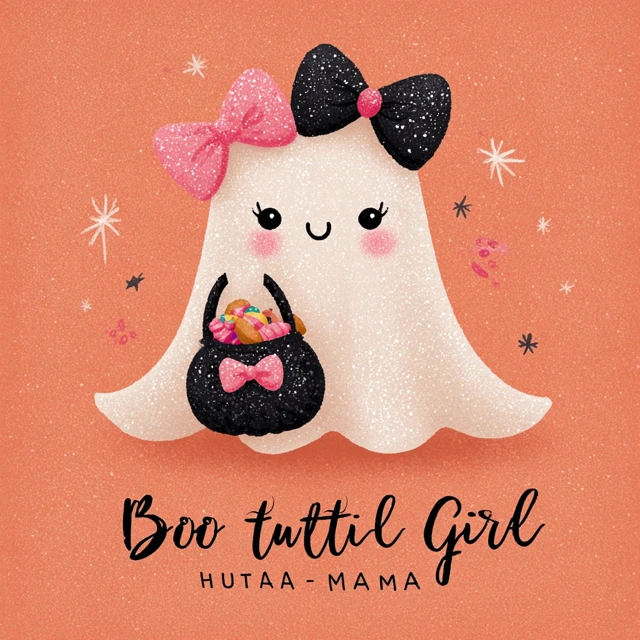 Cute Halloween Ghost Girl with Bows and Candy