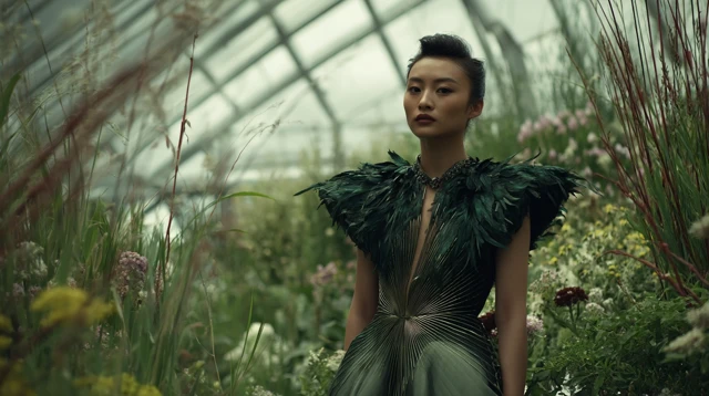 Surreal Portrait of Chinese Model in Emerald Dress
