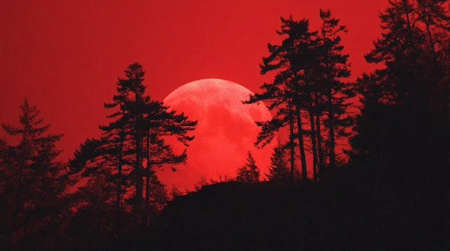 Ominous Red Moon Night Horror Scene 1980s