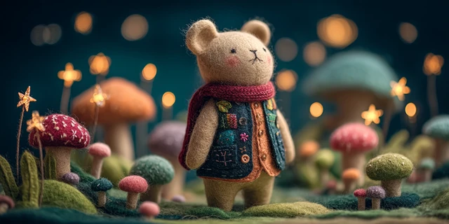 Benny the Felt Bear in a Moonlit Meadow Handmade Art