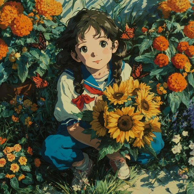 Mei in a Flower Bed Retro Anime Illustration