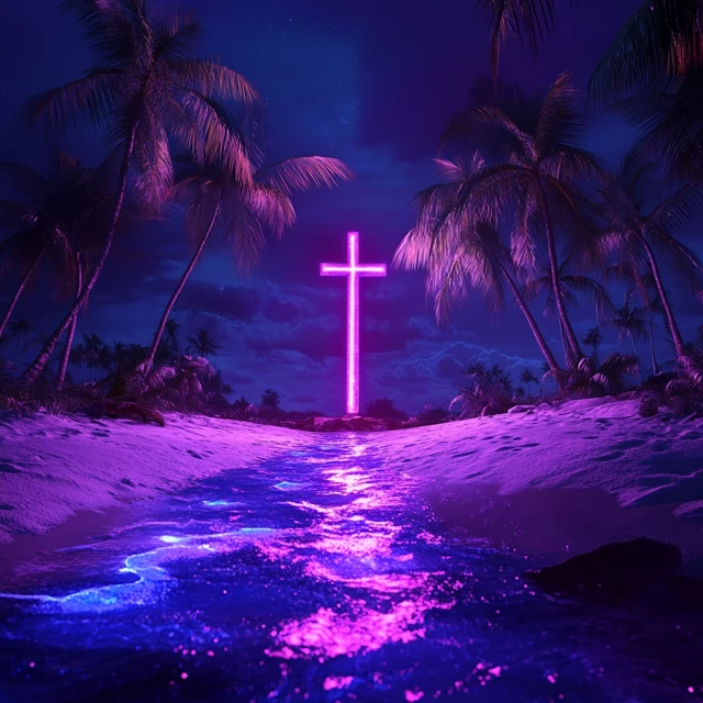 Electrified Beach with a Cross Ultra Realistic 8k Image
