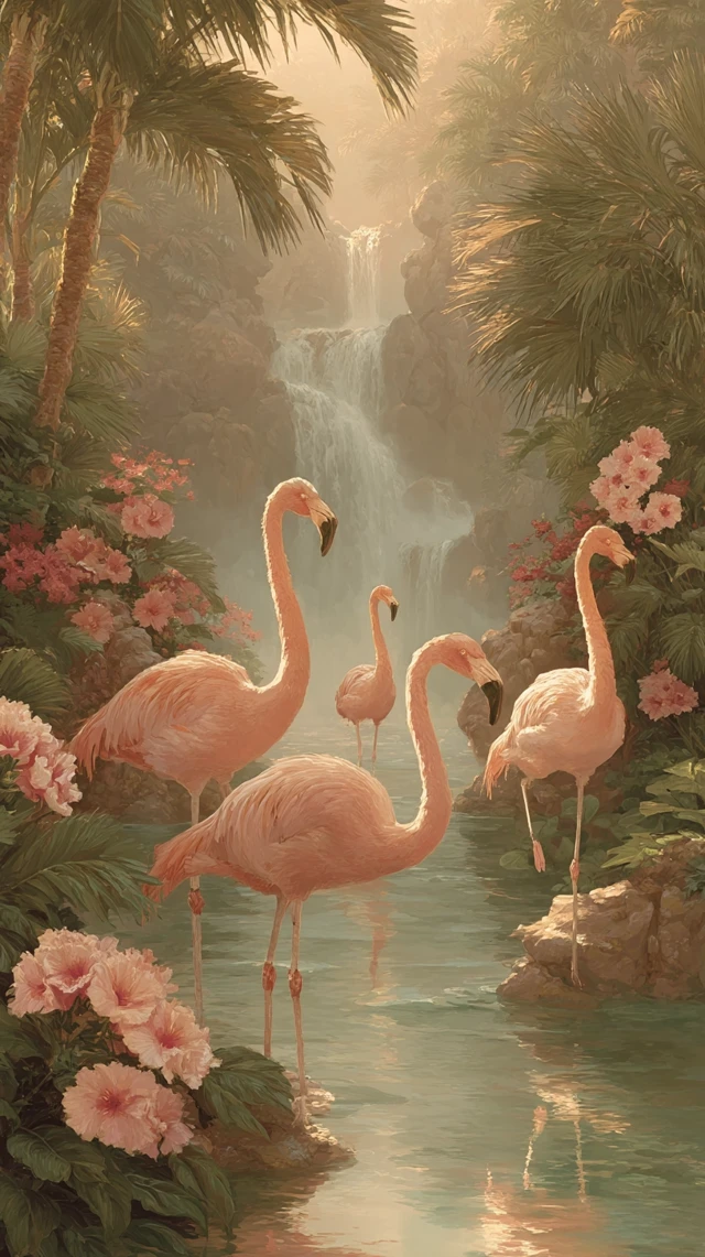 Flamingos Paradise A Serene Waterfall Tropical Scene