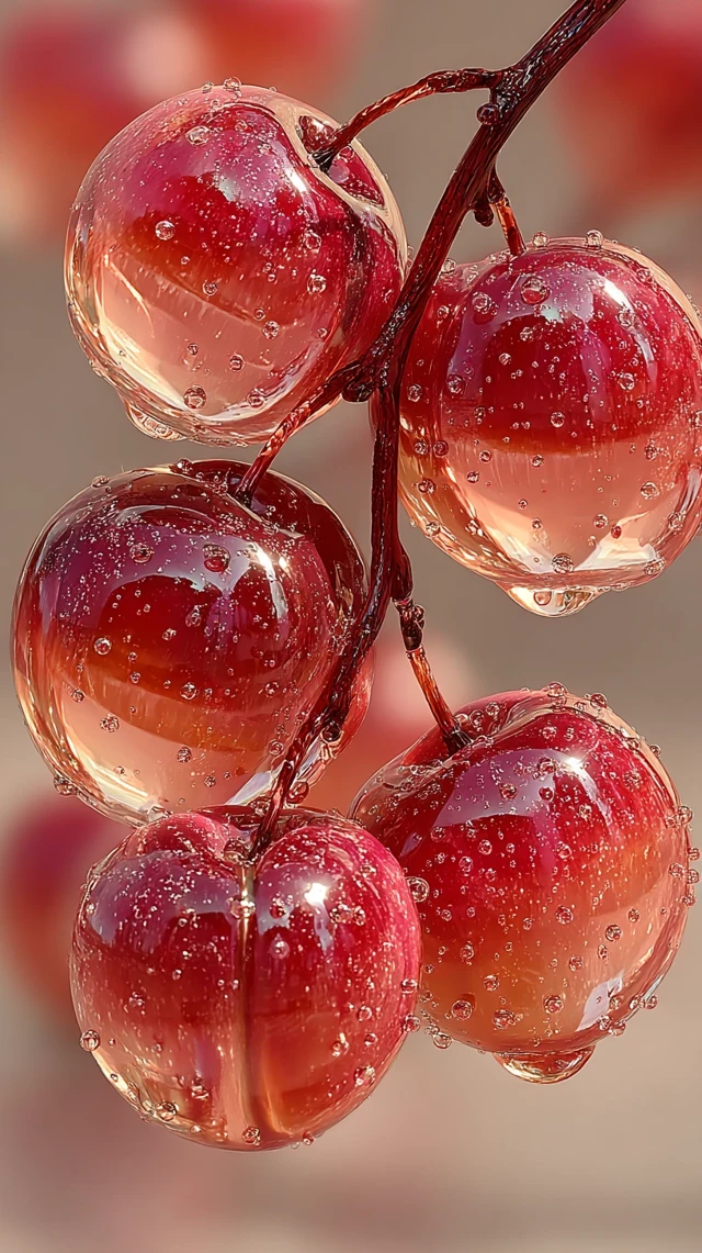 Glass Peaches Macro Shot: Dewdrops, Refraction, Sunlight