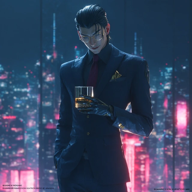 Handsome 3D Man in Suit Whiskey Neon Cityscape