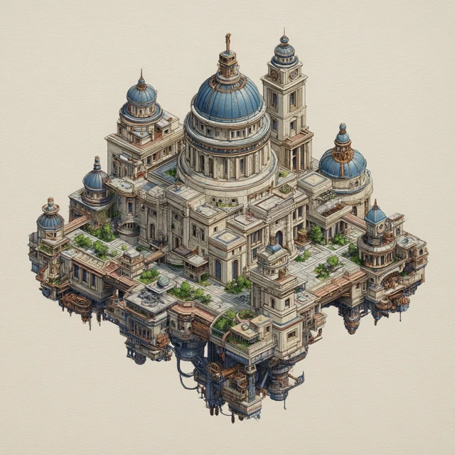 Floating City in Ancient Greek and Steampunk Style