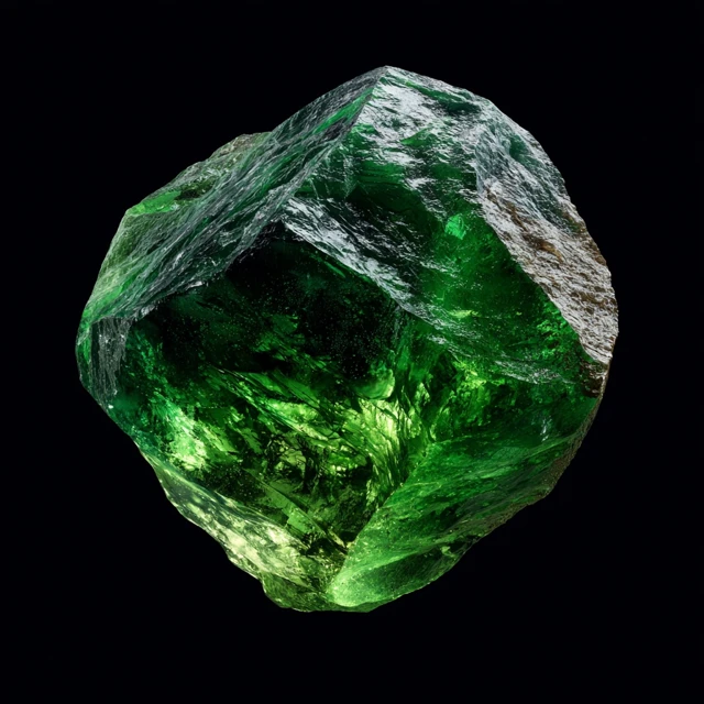 Raw Green Gemstone on Black Background