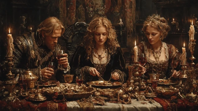 Renaissance Banquet Painting Noble Figures Candlelight